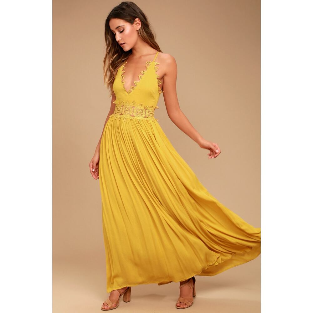 Lulus This is Love Mustard Yellow Lace Maxi Dress Size L